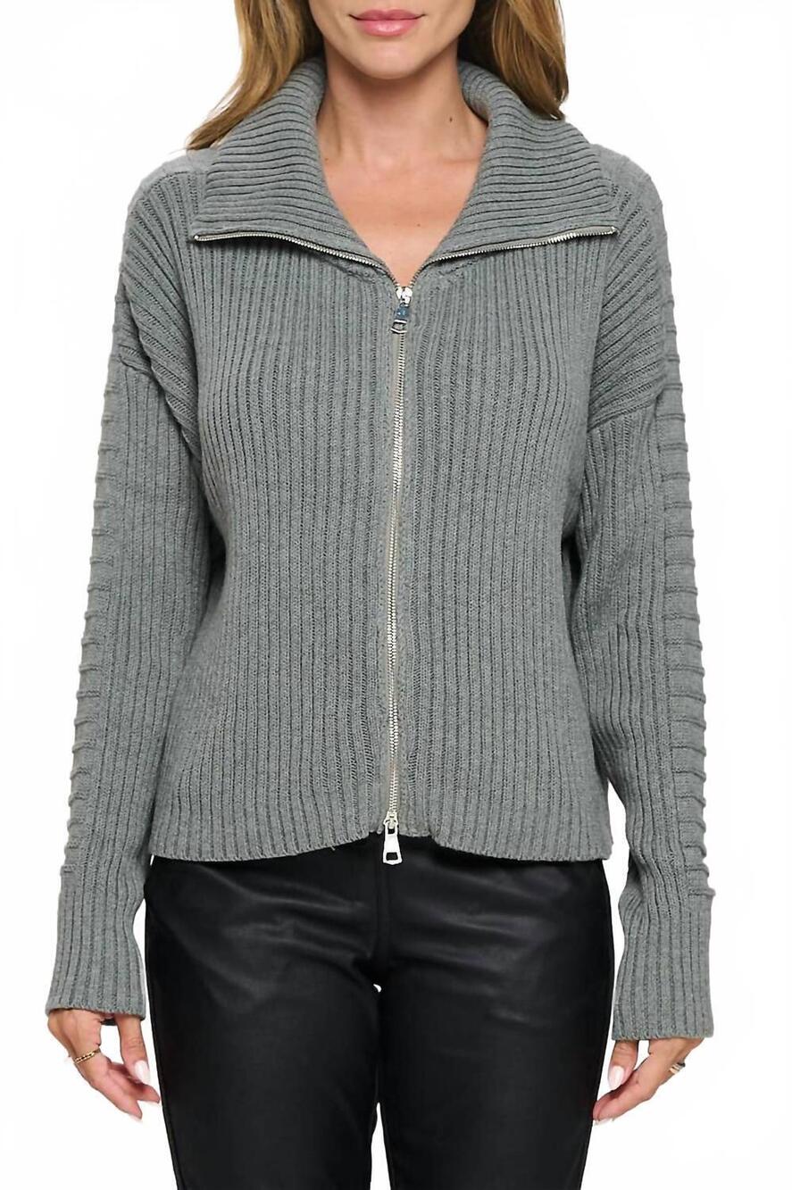 NEW RENEE C cotton rib zip sweater in heather grey